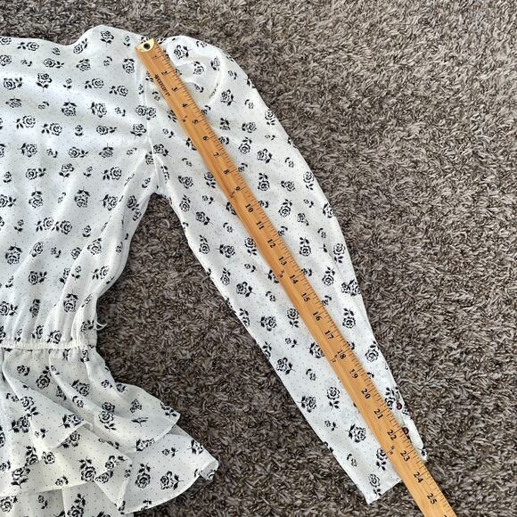 Vintage Midi Dress Size 10 White Black Ditsy Floral Puff Sleeve Peplum Retro 80s - Picture 13 of 16